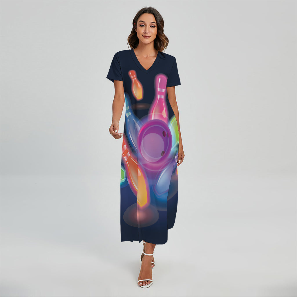 Light Up Bowling Pins Print Short Sleeve Maxi Dress
