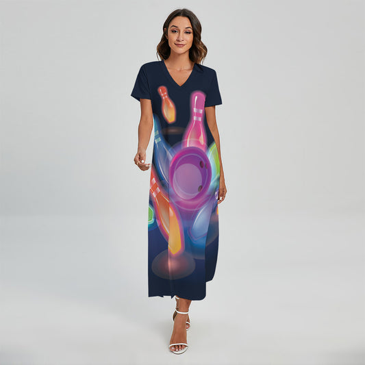Light Up Bowling Pins Print Short Sleeve Maxi Dress