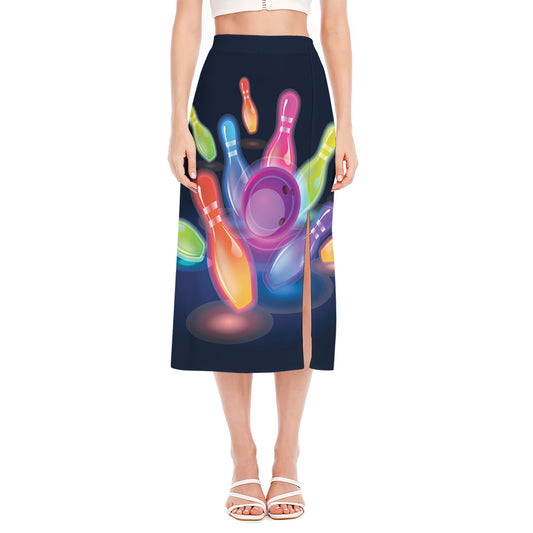 Light Up Bowling Pins Print Side Slit Midi Skirt