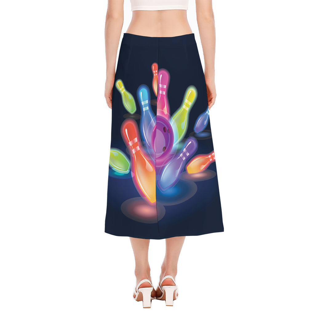 Light Up Bowling Pins Print Side Slit Midi Skirt