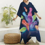 Light Up Bowling Pins Print Silk V-Neck Kaftan Dress