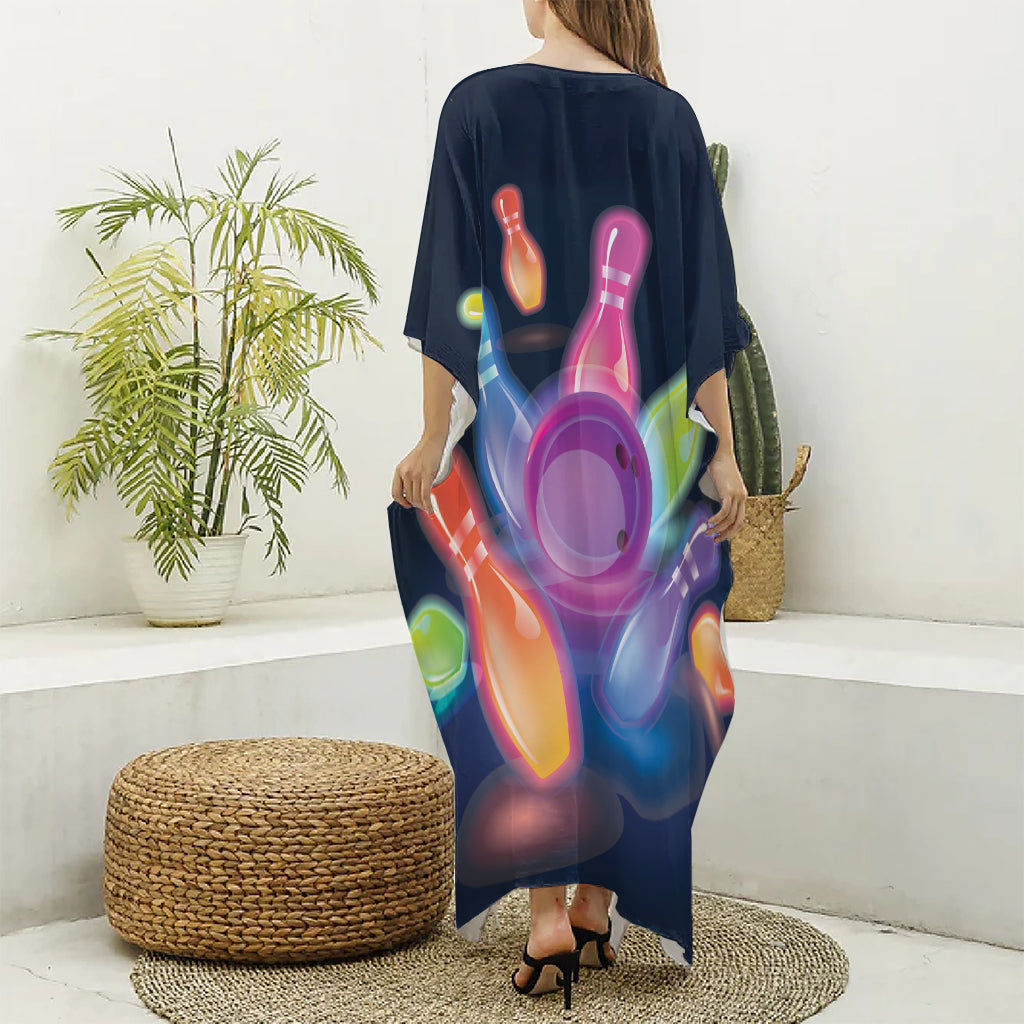 Light Up Bowling Pins Print Silk V-Neck Kaftan Dress
