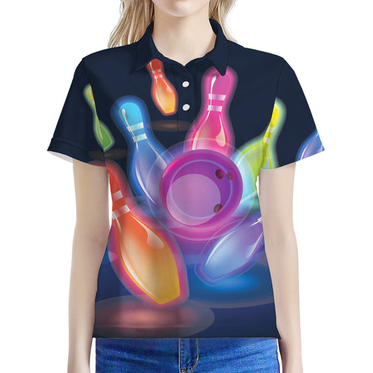 Light Up Bowling Pins Print Women's Polo Shirt