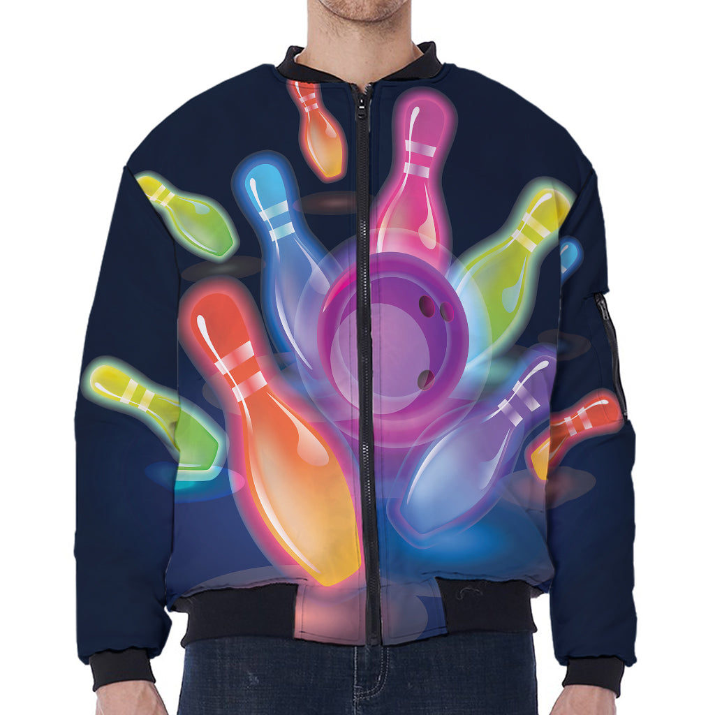 Light Up Bowling Pins Print Zip Sleeve Bomber Jacket