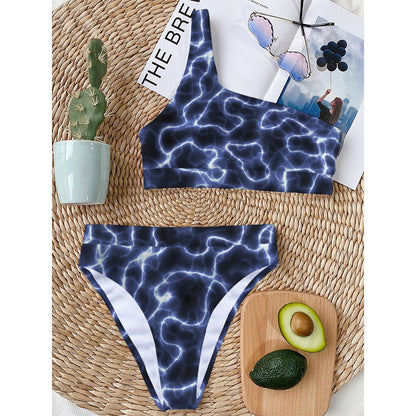 Lightning Chain Print One Shoulder Bikini Top