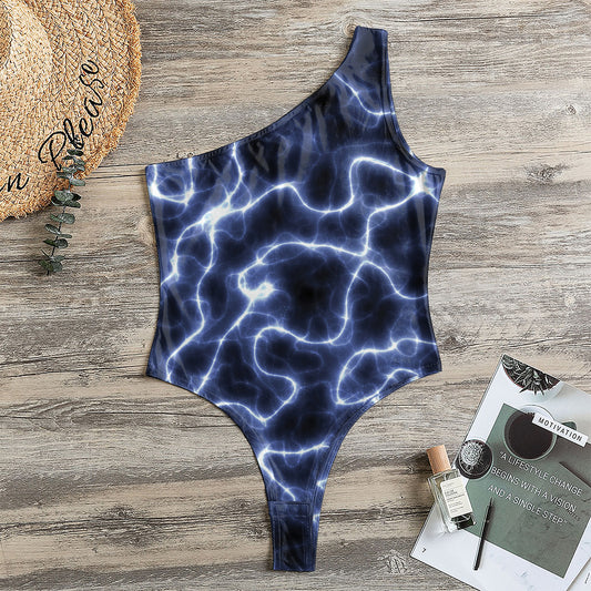 Lightning Chain Print One Shoulder Bodysuit