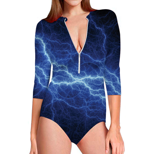 Lightning Plasma Print Long Sleeve Swimsuit
