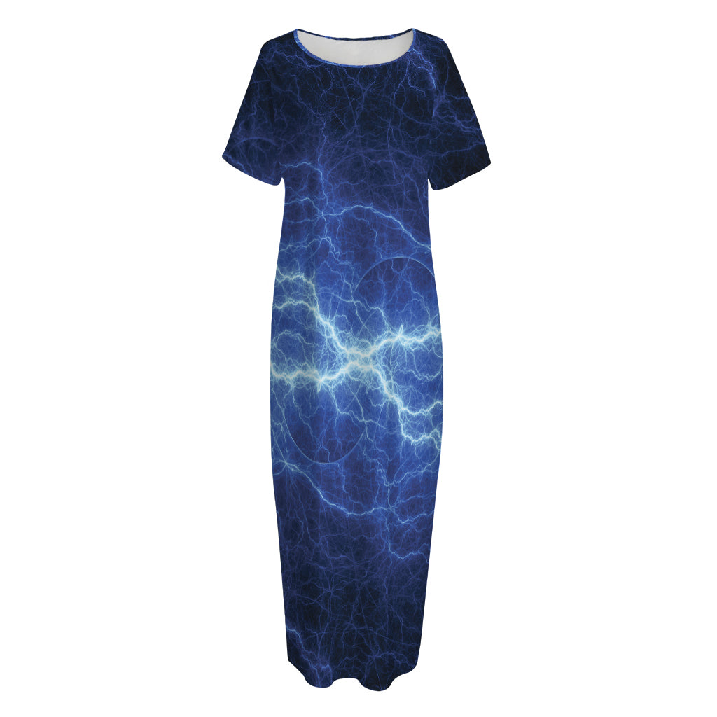 Lightning Plasma Print Short Sleeve Long Nightdress