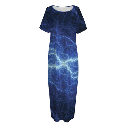 Lightning Plasma Print Short Sleeve Long Nightdress