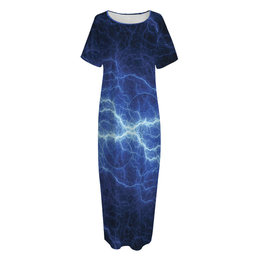 Lightning Plasma Print Short Sleeve Long Nightdress