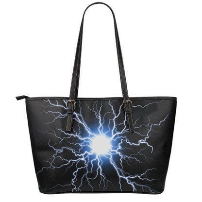 Lightning Spark Print Leather Tote Bag