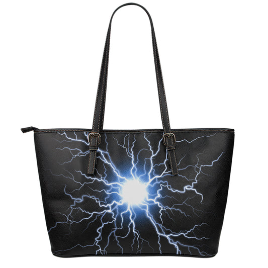 Lightning Spark Print Leather Tote Bag