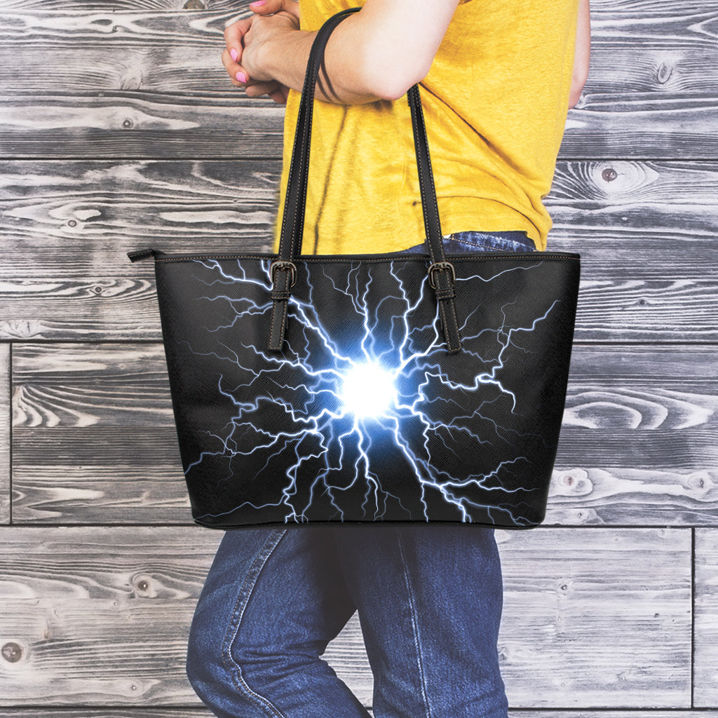 Lightning Spark Print Leather Tote Bag