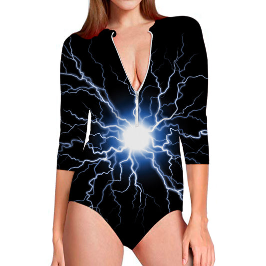 Lightning Spark Print Long Sleeve Swimsuit