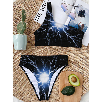 Lightning Spark Print One Shoulder Bikini Top