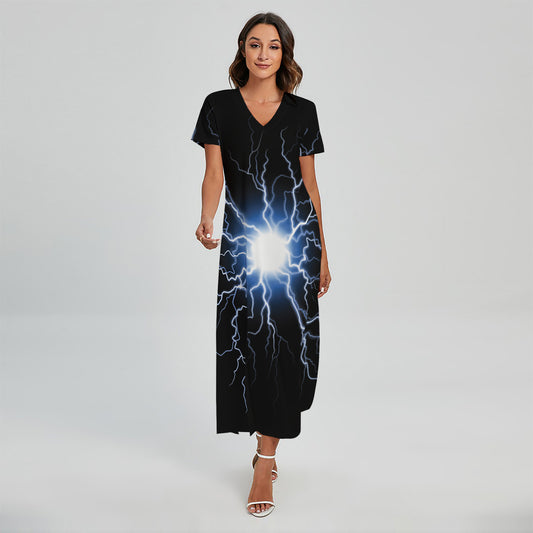 Lightning Spark Print Short Sleeve Maxi Dress