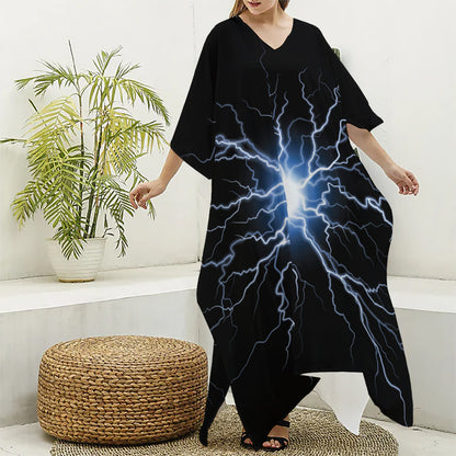 Lightning Spark Print Silk V-Neck Kaftan Dress