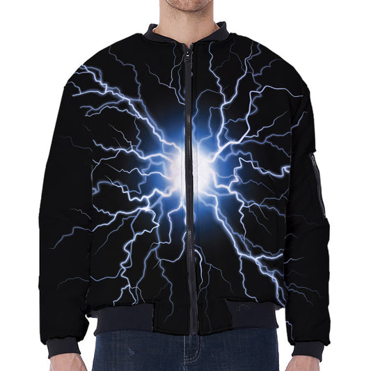 Lightning Spark Print Zip Sleeve Bomber Jacket