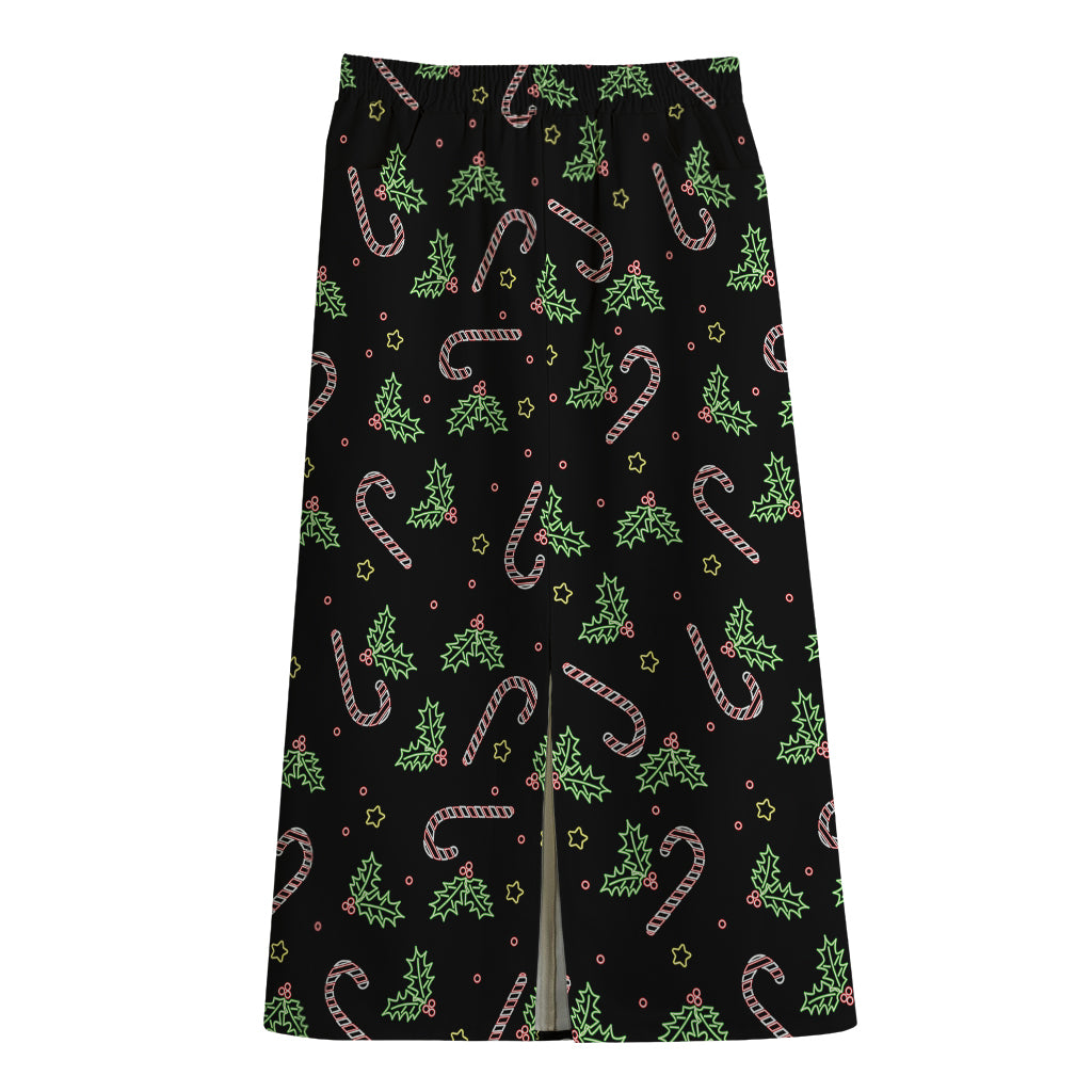 Lights Christmas Pattern Print Cotton Front Slit Maxi Skirt