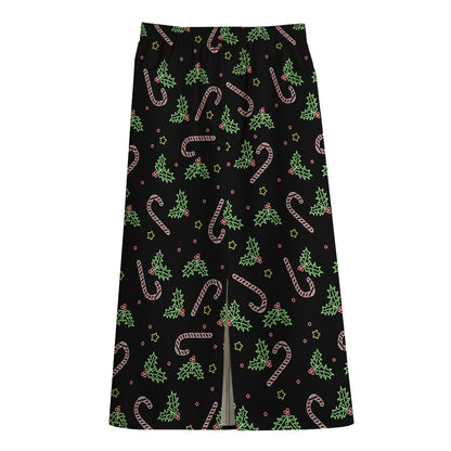 Lights Christmas Pattern Print Cotton Front Slit Maxi Skirt