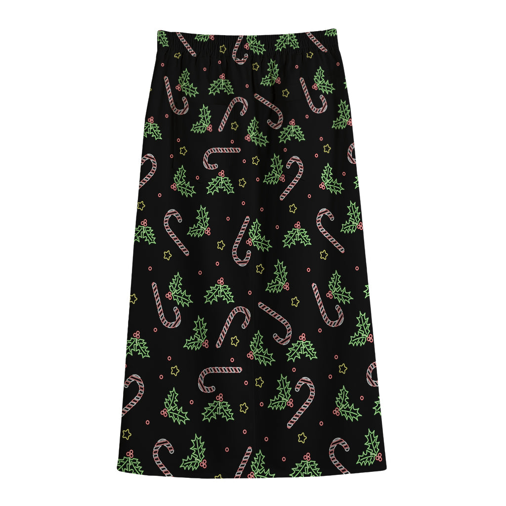 Lights Christmas Pattern Print Cotton Front Slit Maxi Skirt