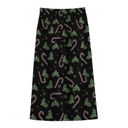 Lights Christmas Pattern Print Cotton Front Slit Maxi Skirt