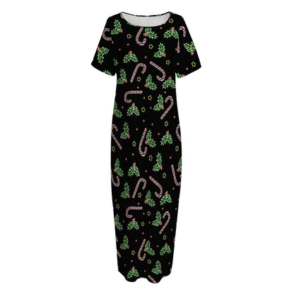Lights Christmas Pattern Print Short Sleeve Long Nightdress