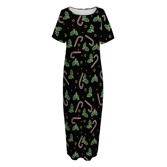Lights Christmas Pattern Print Short Sleeve Long Nightdress