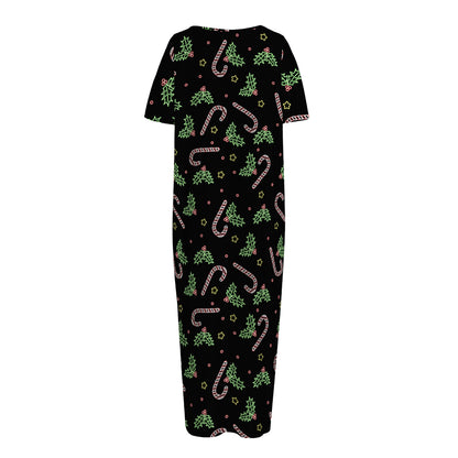 Lights Christmas Pattern Print Short Sleeve Long Nightdress