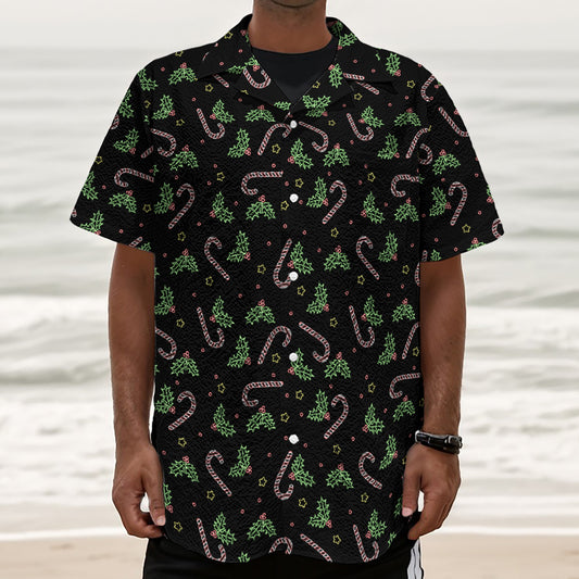 Lights Christmas Pattern Print Textured Short Sleeve Shirt