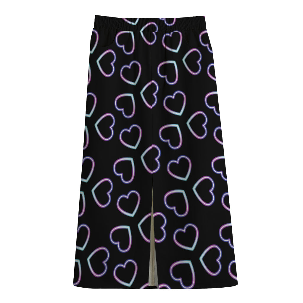 Lights Heart Pattern Print Cotton Front Slit Maxi Skirt