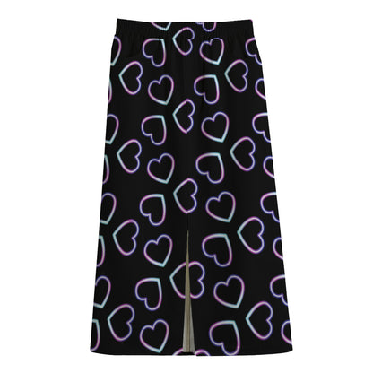 Lights Heart Pattern Print Cotton Front Slit Maxi Skirt