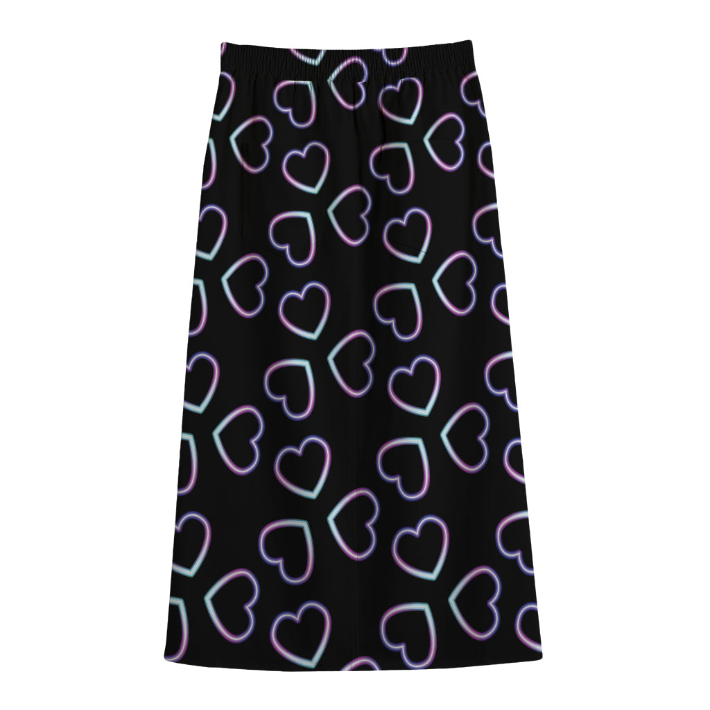 Lights Heart Pattern Print Cotton Front Slit Maxi Skirt