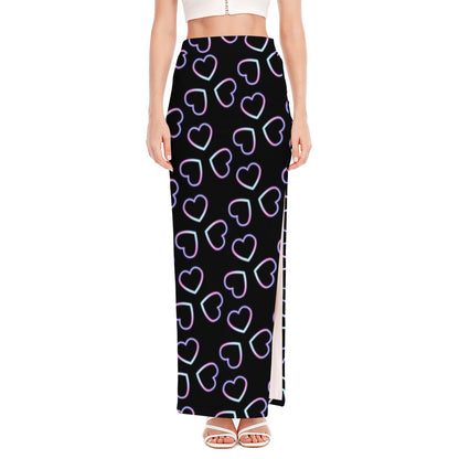 Lights Heart Pattern Print High Slit Maxi Skirt