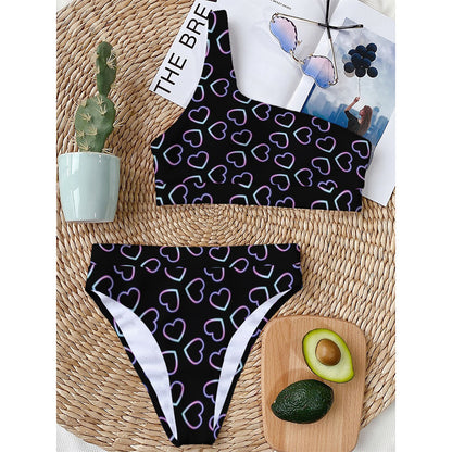 Lights Heart Pattern Print One Shoulder Bikini Top