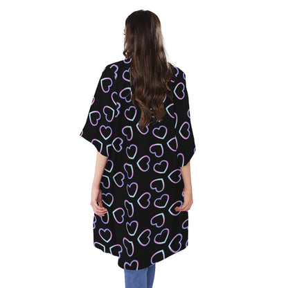 Lights Heart Pattern Print Open Front Beach Cover Up