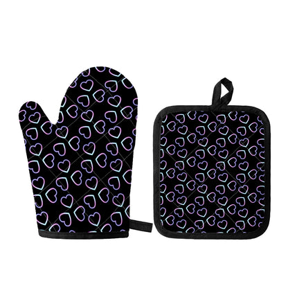Lights Heart Pattern Print Oven Mitt And Pot Holder Set