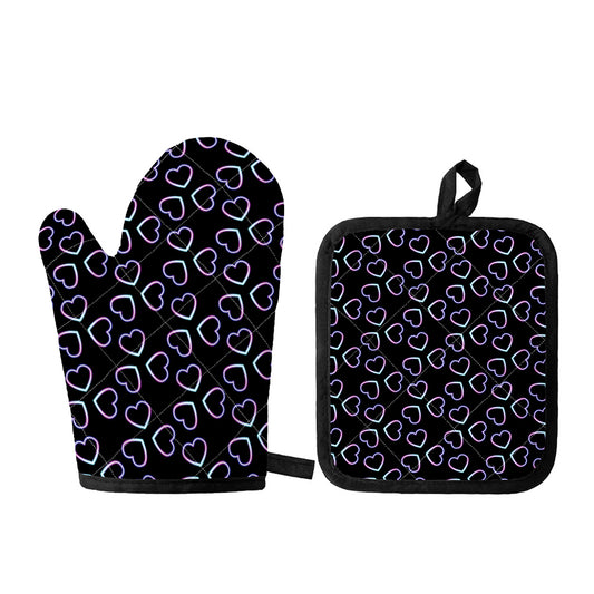 Lights Heart Pattern Print Oven Mitt And Pot Holder Set