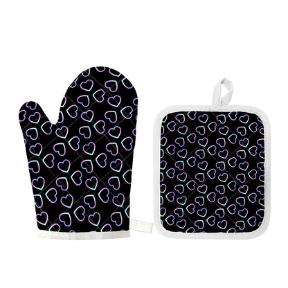 Lights Heart Pattern Print Oven Mitt And Pot Holder Set