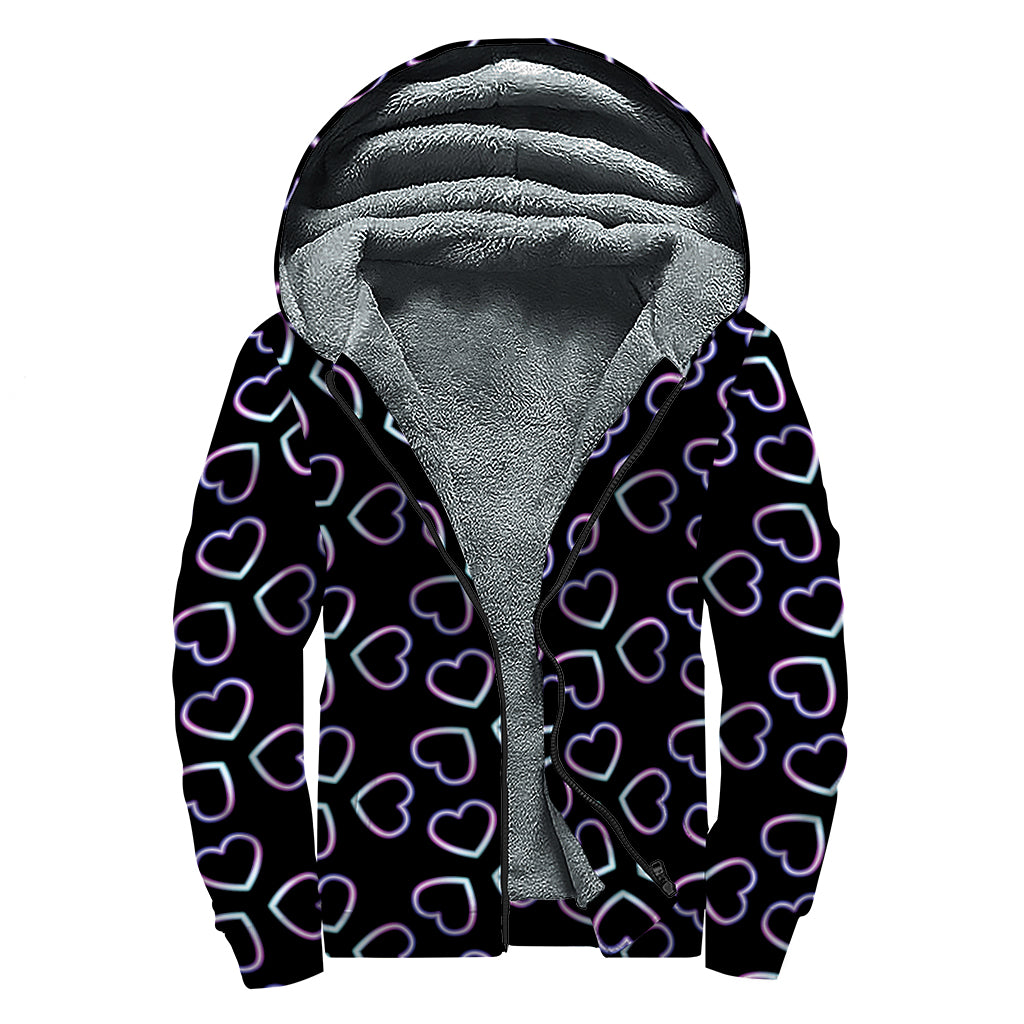 Lights Heart Pattern Print Sherpa Lined Zip Up Hoodie