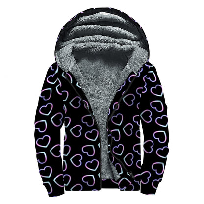 Lights Heart Pattern Print Sherpa Lined Zip Up Hoodie