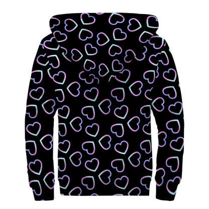 Lights Heart Pattern Print Sherpa Lined Zip Up Hoodie