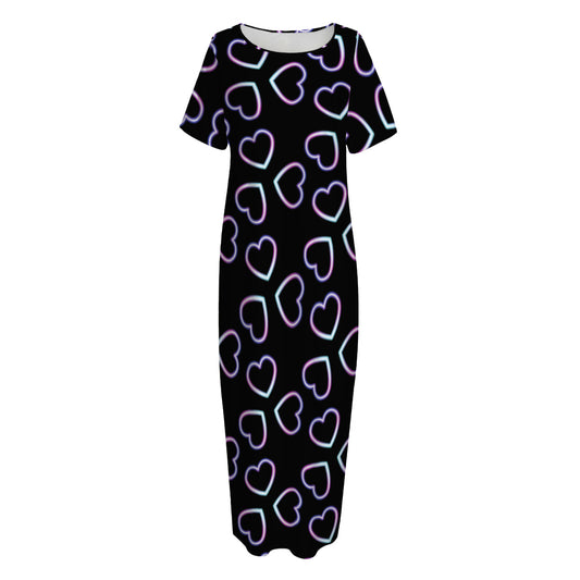 Lights Heart Pattern Print Short Sleeve Long Nightdress