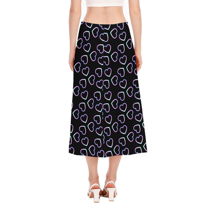Lights Heart Pattern Print Side Slit Midi Skirt