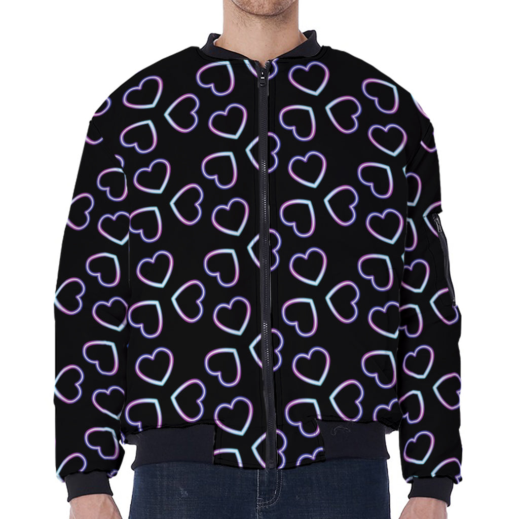 Lights Heart Pattern Print Zip Sleeve Bomber Jacket