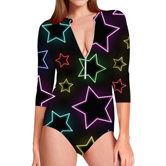 Lights Star Pattern Print Long Sleeve Swimsuit