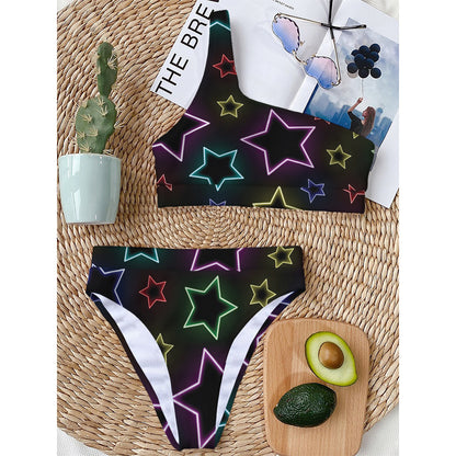 Lights Star Pattern Print One Shoulder Bikini Top