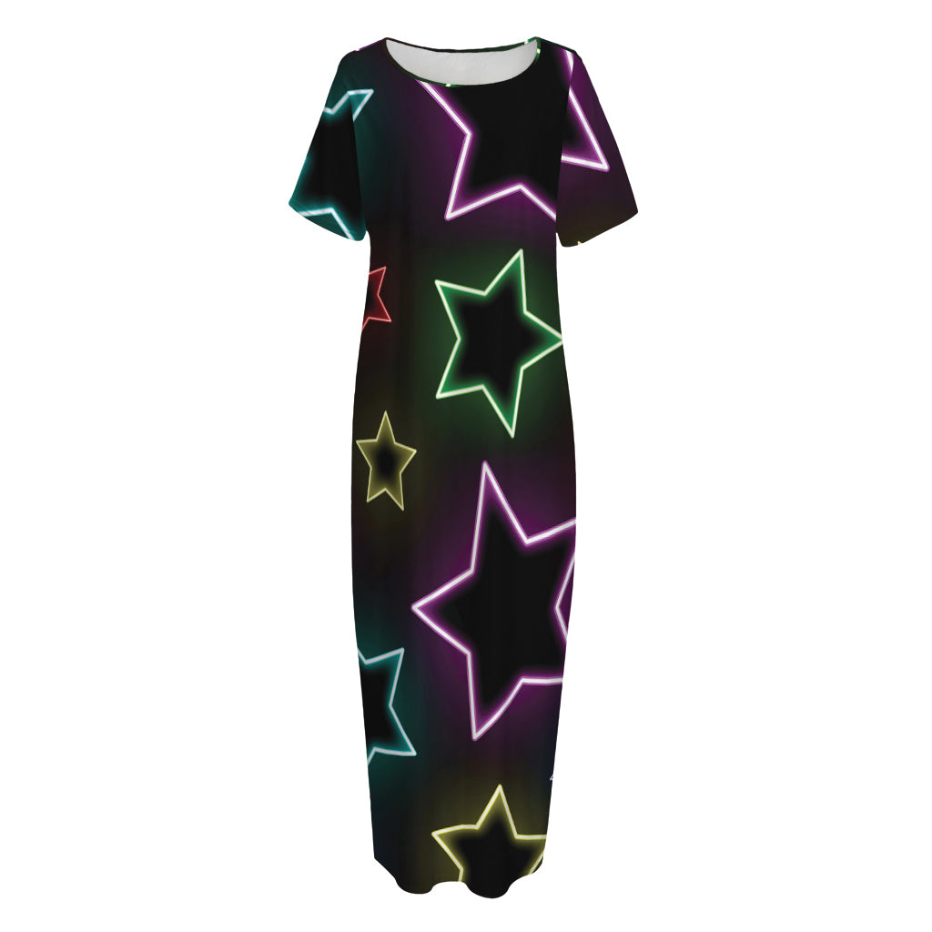 Lights Star Pattern Print Short Sleeve Long Nightdress