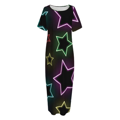 Lights Star Pattern Print Short Sleeve Long Nightdress