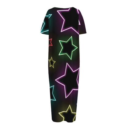 Lights Star Pattern Print Short Sleeve Long Nightdress